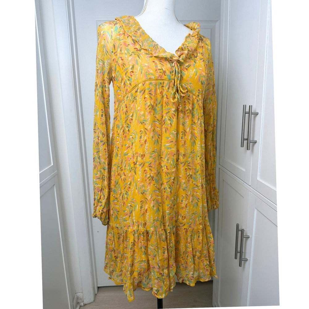 SEZANE Vintage Yellow Floral Tie-Front Ruffle Long Sleeve Dress Sz:38